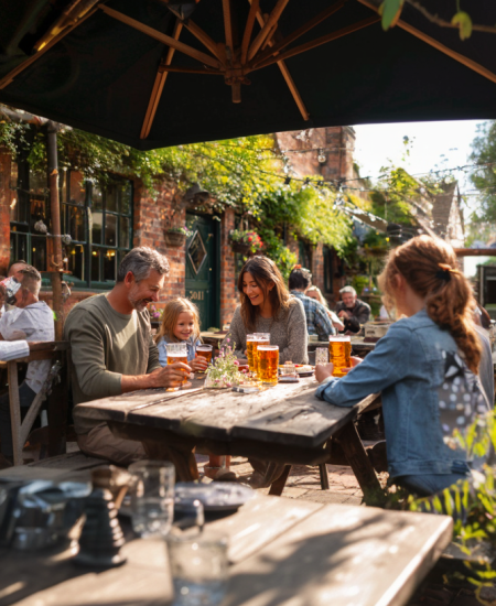 family outside in beer garden pub drinking