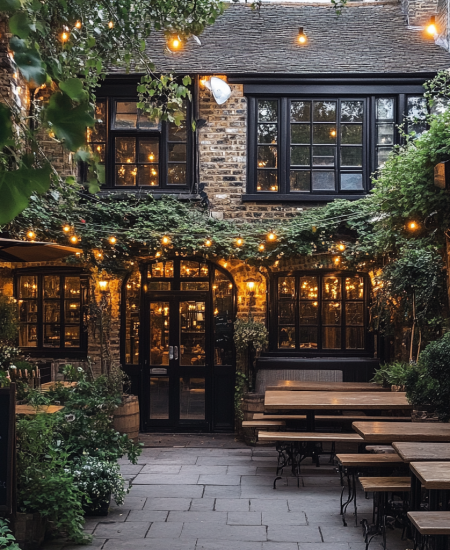 outdoor pub bar area seating, luxury pub British with beer garden